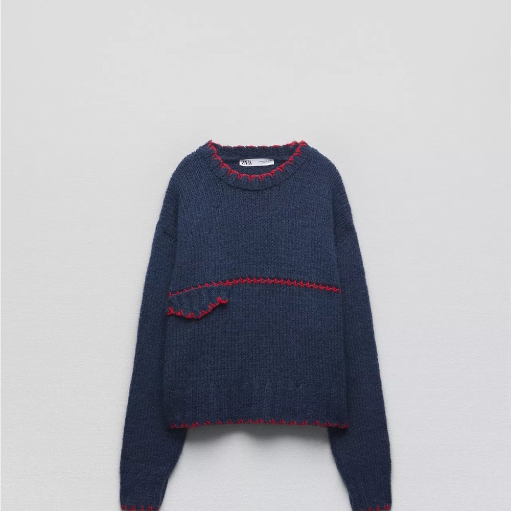 Zara Navy Blue Sweater with Red Accents